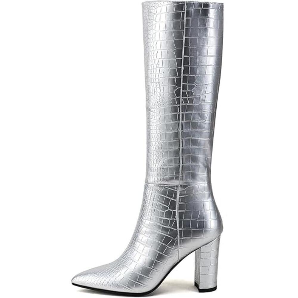 NEW Modatope Knee High Boot Women GoGo Boot Faux Crocodile Boot Heel Pointed Toe - Picture 4 of 6